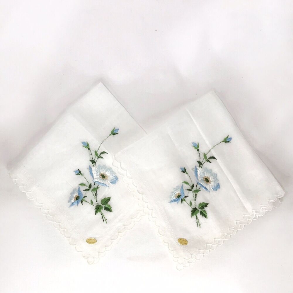 Lot Of 2 Vintage Floral Embroidered Hankies Handkerchiefs Made in Switzerland
